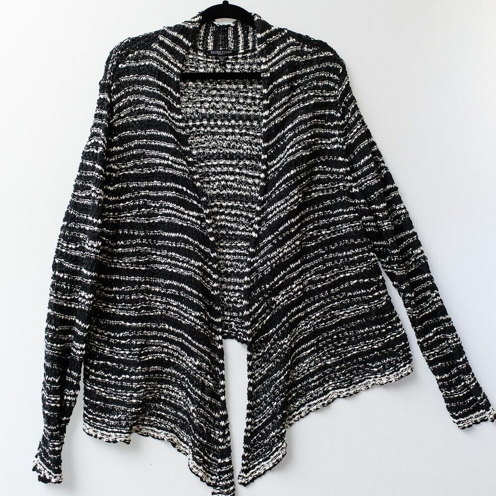 Eileen Fisher 2X cotton italian yarn black and white open cardigan